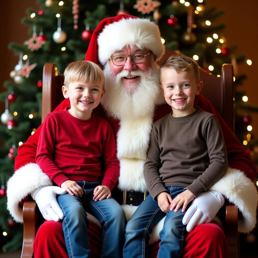 Two boys sitting on Santa Claus's lap in a festive setting with a decorated Christmas tree in the background.