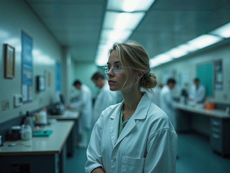 In sterile labs behind closed doors, healthcare professionals work quietly. They research and create medical solutions. The environment is clean and organized. Medical equipment and supplies are present. The focus is on the individuals in lab coats. Their expressions are serious and contemplative. The scene implies the weight of their responsibilities.