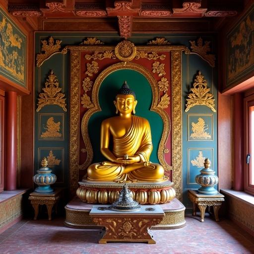 Interior of Gandam Monastery in Mongolia featuring a golden Buddha statue surrounded by ornate decorations.