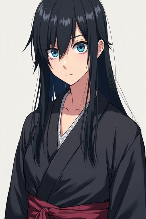 Anime character design featuring a girl with long black hair and unique eye colors. Right eye is ice blue and left eye is gray. Character wears a black kimono exposing shoulders and collarbone. White lace blouse underneath and black lace stockings.