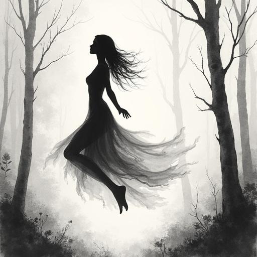 Silhouette of a human figure filled with white color. Floating with graceful body movement in a forest. Monochrome minimalist sketch style with delicate ink lines on textured paper. Evokes a serene feeling, inspired by traditional Asian brushwork.