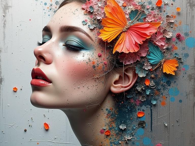Exquisite art featuring a woman's profile adorned with colorful flowers. Incorporates various textures and elements like jute and origami. A mixed media approach with a focus on vibrant colors and visual depth.
