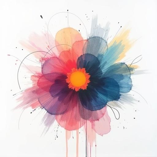 Illustration depicts vibrant flower-like shapes in colors like pink blue and orange against a white background. Center of canvas features bold shapes with soft edges. White border surrounds the canvas.