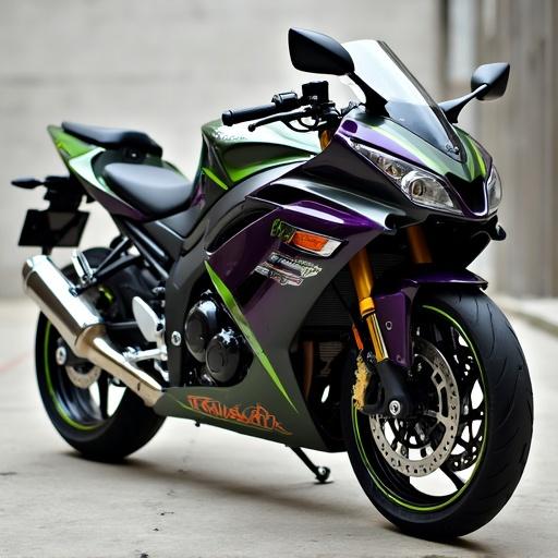 A 2008 Kawasaki Ninja 250R motorcycle with faded purple and green fairings. Gold accents enhance its design. The bike is set in a neutral background, showcasing its features.