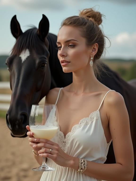 Beautiful woman holding a glass of thick white cream. Black horse standing in the background. Scene takes place at a breeding farm. Focus on neckline and natural beauty. Captured with a soft atmosphere.