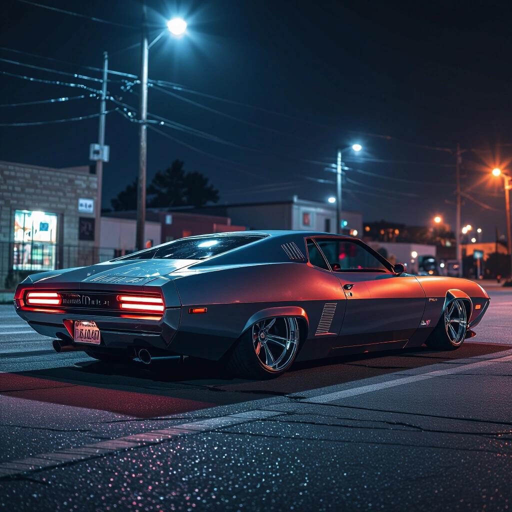 A parked angular dual tone futuristic funnycar low rider in a dark urban environment. Side view at night with ambient lighting and dark atmospheres.