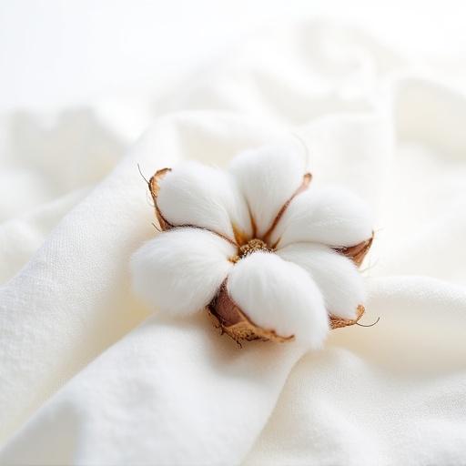Close-up of a cotton flower showing white fibers set against a white fabric background. Soft and diffused lighting highlights the details. High-resolution detail captures the texture of the cotton. Clean and minimalist composition.