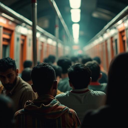 Scene inside a crowded Indian train filled with passengers. Natural expressions on people's faces. Dimly lit environment with overhead lights illuminating the scene. Groups of people engaged in their own activities.