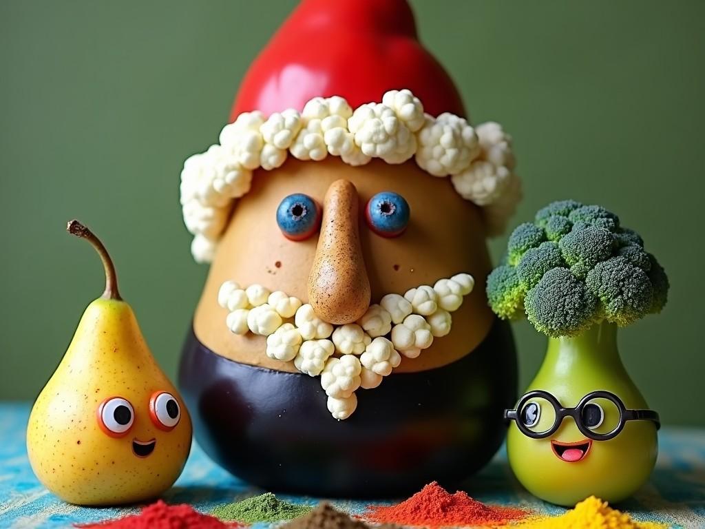 A whimsical image showcasing a Santa Claus figure made from vegetables, accompanied by a pear with cartoon eyes and a broccoli wearing glasses.