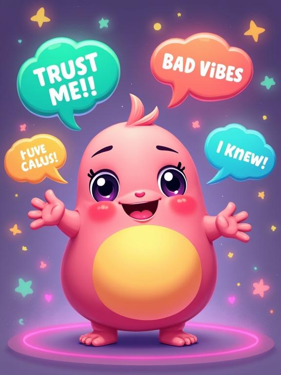 Cute anthropomorphic belly with a cartoon face and friendly eyes. Character with colorful speech bubbles displaying text like 'Trust me!', 'Bad vibes', 'I knew!'. Whimsical style with vibrant neon colors. Glowing effect around the belly. Cheerful expression.