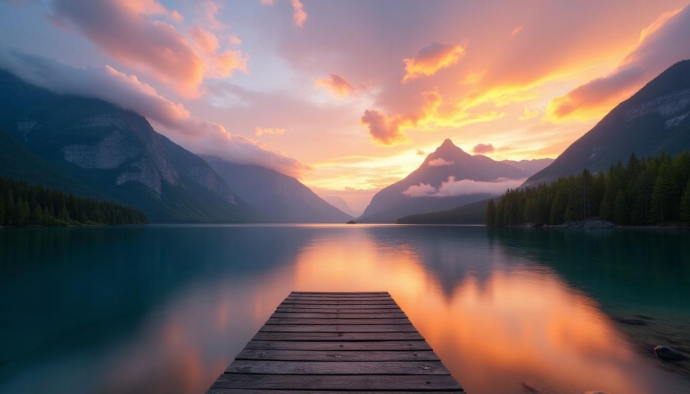 This image depicts a stunning sunset over a serene lake, captured from the perspective of a wooden pier that extends into the water. The sky is painted with vibrant hues of orange, purple, and blue, reflecting beautifully on the still surface of the lake. Surrounding mountains are partially shrouded in mist, adding to the tranquil atmosphere. Lush greenery lines the shore, enhancing the natural beauty of the scene. This picturesque setting evokes feelings of peace and adventure, making it perfect for travel enthusiasts and nature lovers.