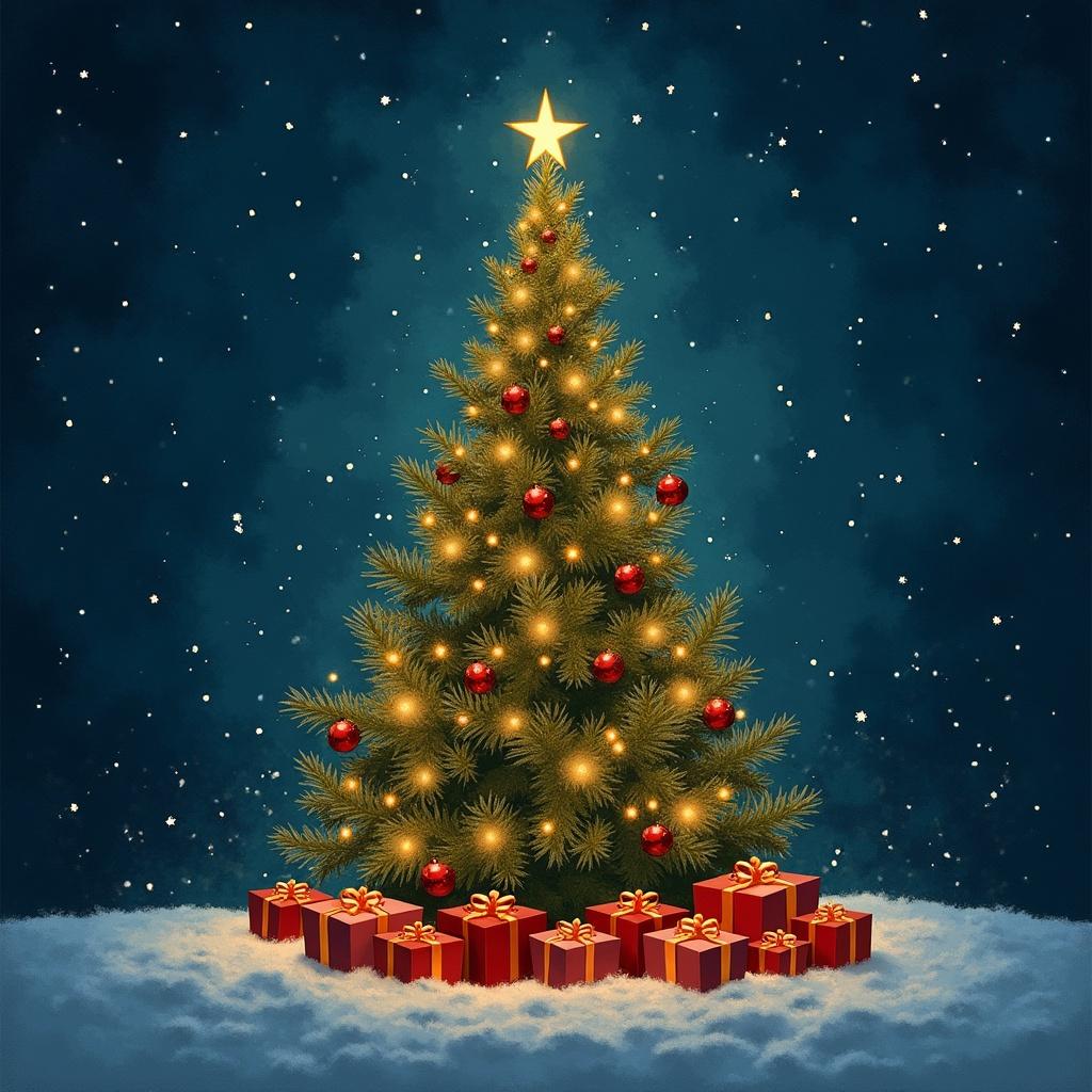 A tall Christmas tree decorated with lights and ornaments. Surrounded by red presents on snow. Star on top of the tree. Night sky with snowflakes.