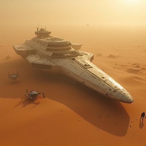 Wide shot of a crashed spacecraft in desert. Ship partially buried in sand. High-tech but worn design. Sandstorm swirls around. Small research vessels nearby. Armed soldiers deployed. Tension in atmosphere. Sci-fi realism.