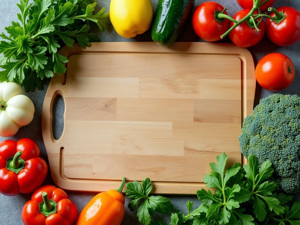 Fresh vegetables and ingredients for cooking are arranged around a vintage cutting board on a rustic background. The composition is captured from a top view, providing ample space for text. This scene emphasizes the vibrant colors and textures of the vegetables, showcasing their freshness. The focus is on vegan food, highlighting various ingredients suitable for healthy cooking. The layout suggests a creative and healthy cooking concept, inviting viewers to engage and explore healthy meal preparation options.