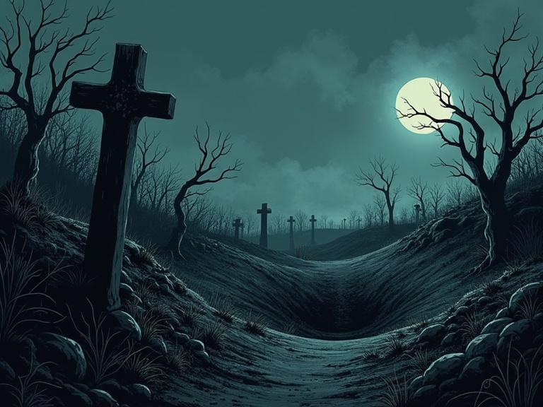 Illustration depicting a dark desolate landscape. Freshly dug grave in the foreground. Ghostly mist rising from the grave. Somber oppressive atmosphere. Twisted skeletal trees in the background. Moonless sky. Gritty detailed art style like a graphic novel.