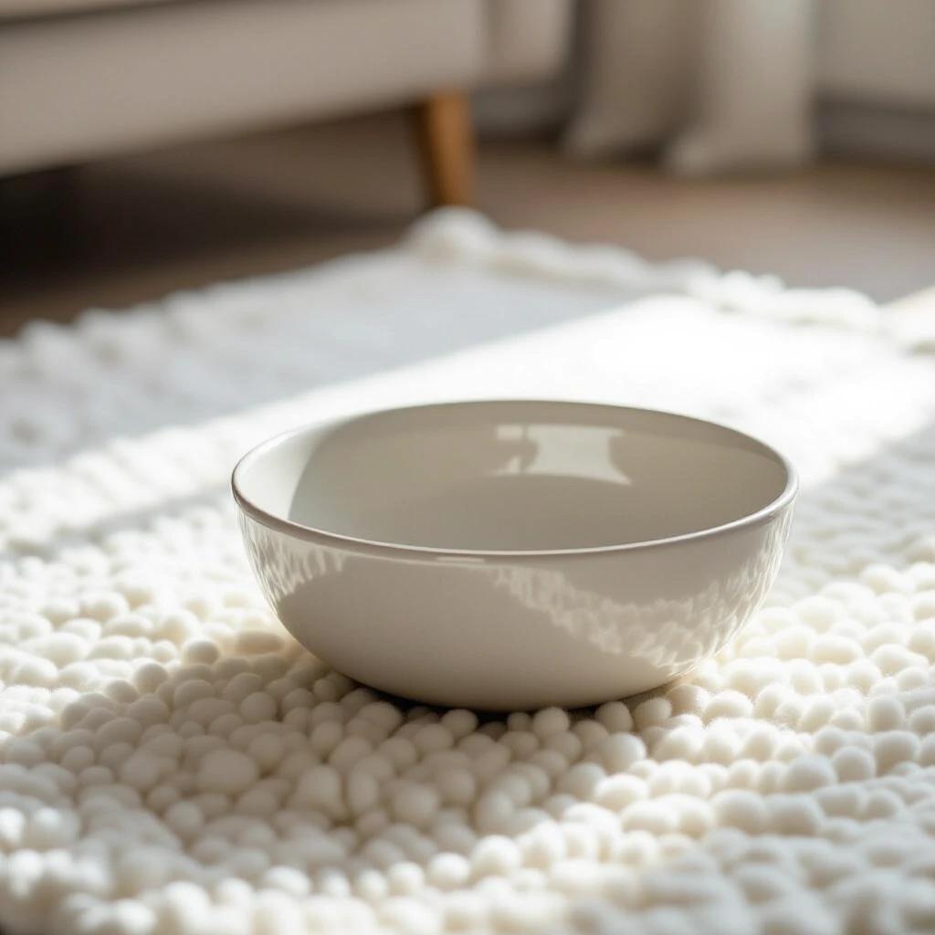 Modern bowl placed on a clean white woolen rug. Minimalist atmosphere. Soft daylight illuminating the scene. High-resolution photo. No humans present.