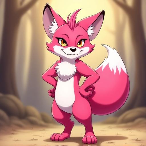 Full-body shot of a confident anthropomorphic fox with vibrant pink fur and white markings. Fox has stylish flowing pink hair and expressive amber eyes. Standing with one hand on hip and other touching hair. Playful and sassy attitude. Softly blurred natural outdoor background with muted brown and beige tones. Soft even lighting highlights character's form. Digital painting style with smooth gradients and detailed fur texture.