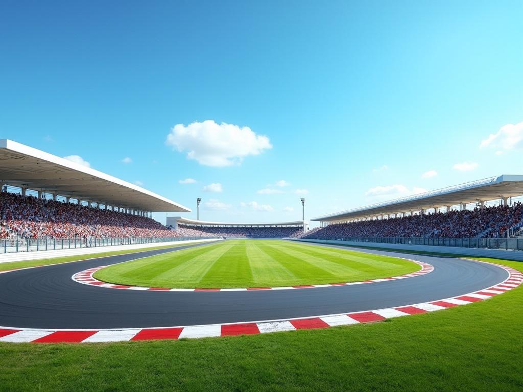 A sleek, oval-shaped race track circuit featuring a smooth asphalt surface, marked with white lines, and surrounded by bright green grass. In the background, there are grandstands filled with cheering fans, while a vibrant blue sky fills the upper part of the image, adding to the energetic atmosphere of a racing event.