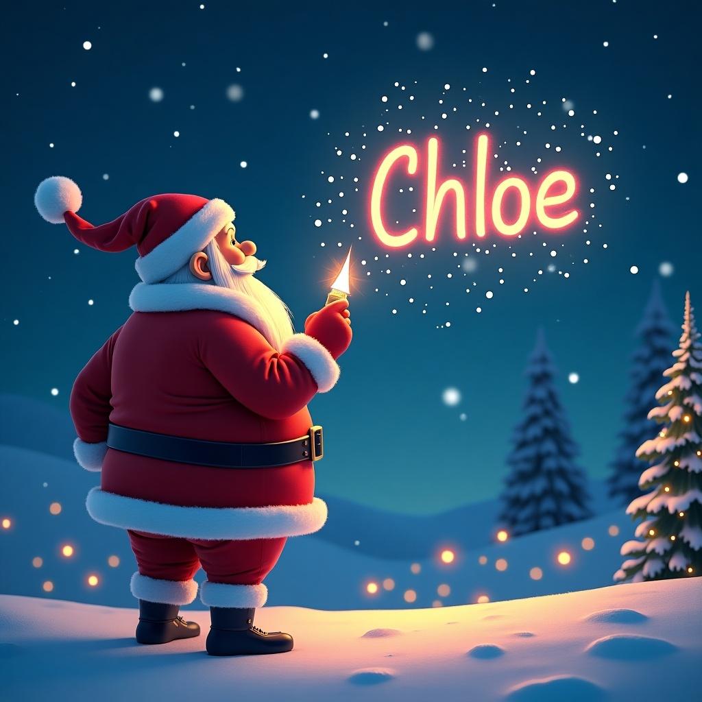 Christmas scene featuring Santa Claus writing the name Chloe in colorful text using a glowing pen. Santa looks up at the sky with a joyful expression, surrounded by a winter landscape.