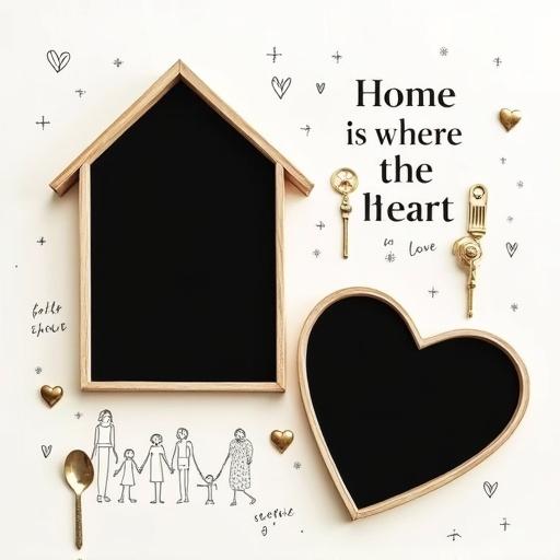 Square minimalist family-themed photo collage design. Two photo slots, black background. House-shaped frame on upper left, heart-shaped frame on lower right, slight overlap. Soft white background with family-related line illustrations. Elegant text: 'Home is where the heart is'. Small words 'Family','Love','Together' in corners. Clean, warm layout with large photo areas.