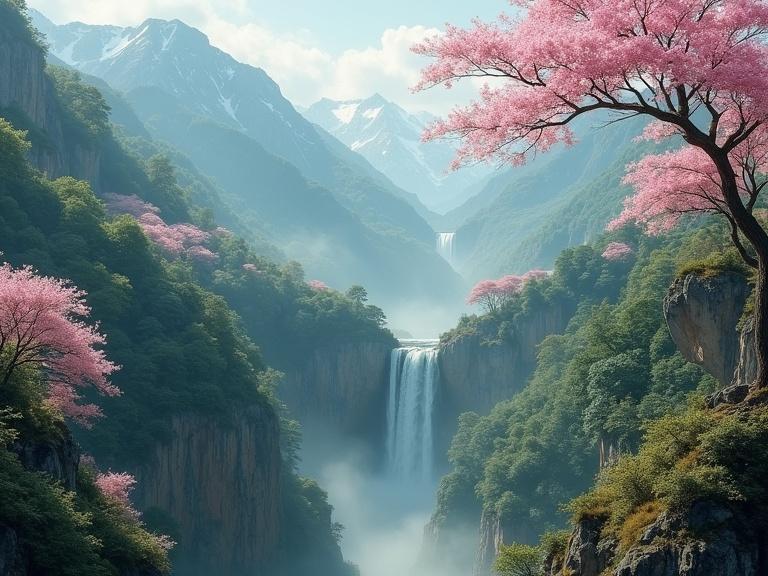 Fantasy landscape with realistic lush green mountains. Snow-capped peaks observed. Deep gorge with waterfalls. Pink gorge adorned with cherry blossom trees. Golden hues create a serene and beautiful atmosphere. Layers of depth in the scenery evoke a painting-like quality.