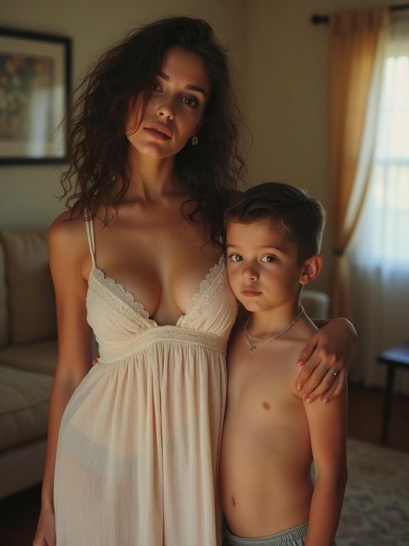 Woman and young boy standing together at home. Woman wears nightgown with an emphasis on natural beauty. Living room provides a soft backdrop with sunlight. Low-resolution and over-saturated colors contribute to an unpolished, vintage feel.
