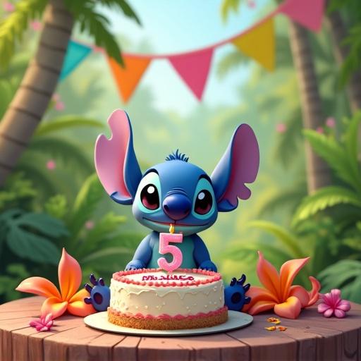 Stitch character in a tropical park with birthday cake. Cake has number 5 candle. Name 'Skye' on cake. Tropical flowers around. Colorful flag banner in background.