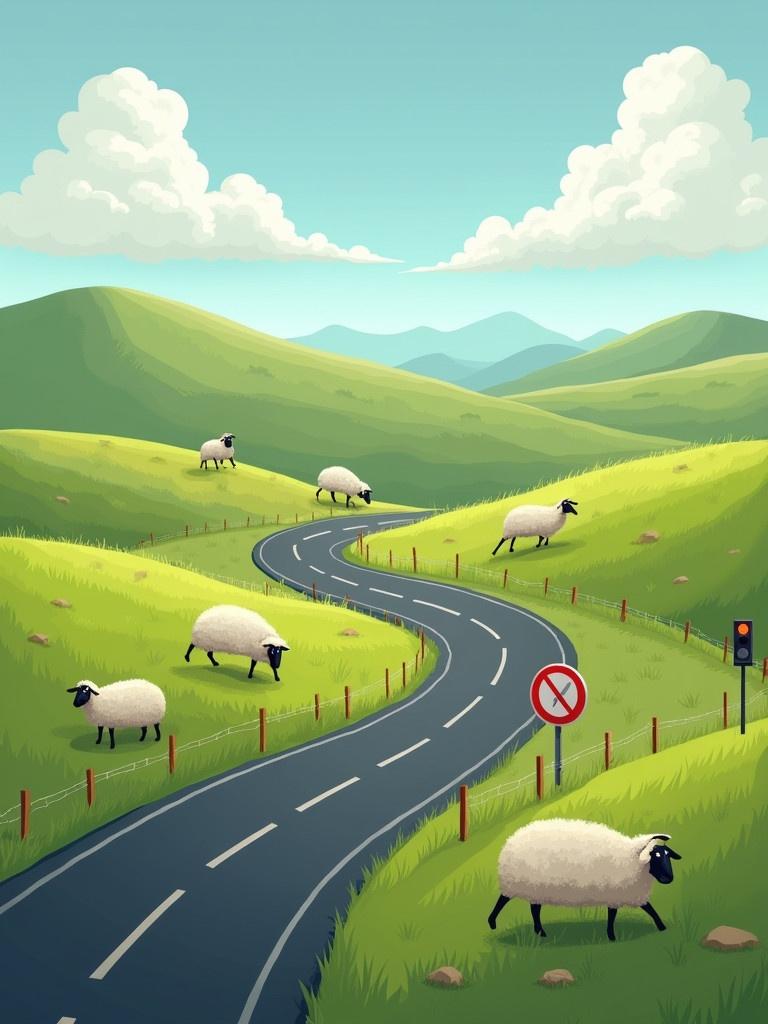 Create an illustration of a picturesque countryside landscape with rolling green hills. Include a winding highway in the foreground. Add grazing sheep across the grassy terrain. Some sheep should be humorously posed as if sitting or leaping. Insert a road signal indicating no speed limitations. In the under-right corner, add typography 'Accelerate your LLM with FriendliAI'.