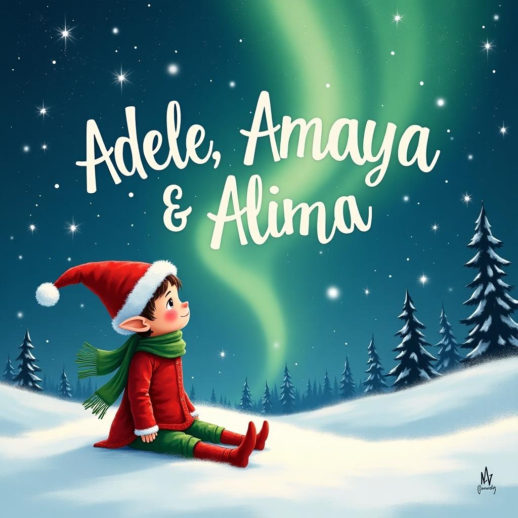 This whimsical image features an elf sitting in the snow, gazing up at the sky. The northern lights dance beautifully above, illuminating the snowy landscape. In the sky, the names Adele, Amaya, Alina are written in a playful, festive font. The scene captures the magic of Christmas, combining holiday charm with a sense of wonder. This artwork is perfect to evoke the holiday spirit and celebrate family traditions during the festive season.