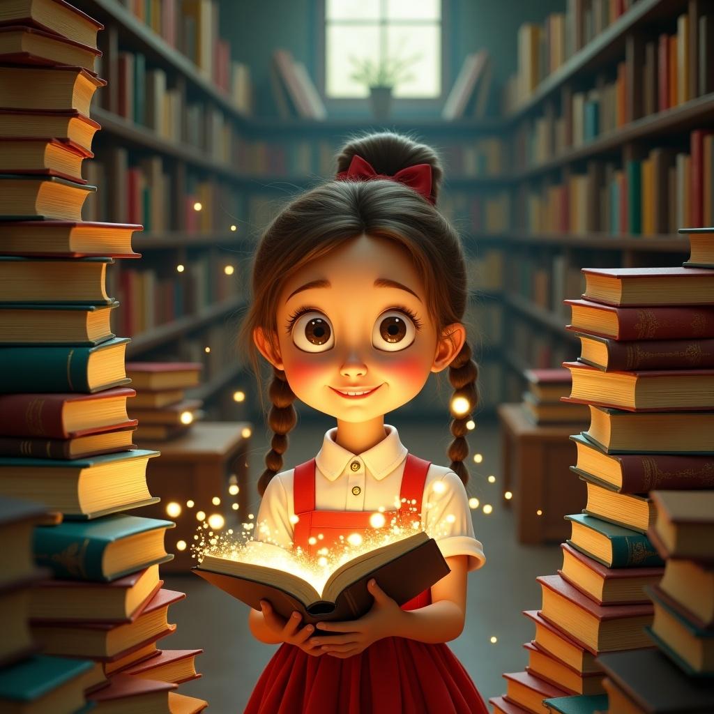 The image features a young girl standing in a magical library filled with books. She has long braided hair and is wearing a bright red dress with a white shirt. She is holding an open book that emits sparkling magical light. The library has tall shelves filled with colorful books, and there is a soft, warm glow illuminating her face. The girl's expression is one of wonder and joy, embodying the love of reading and imagination. This scene captures the magic of storytelling and the importance of literacy for young readers.