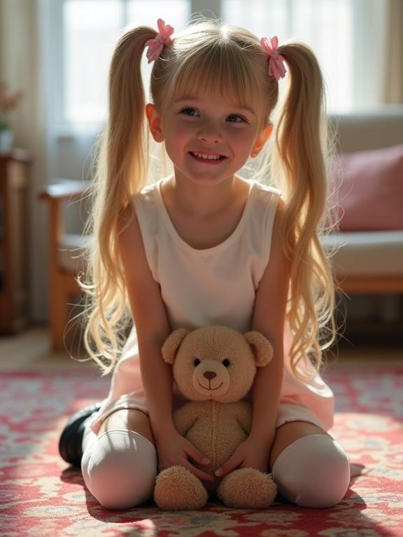 A young girl with long blonde hair and pink bows kneels on a colorful rug in a softly lit living room. She holds a teddy bear close to her chest, wearing a white crop top, pale pink skirt, and thigh-high socks. Her cheeks are slightly flushed, and she looks up with a curious expression.