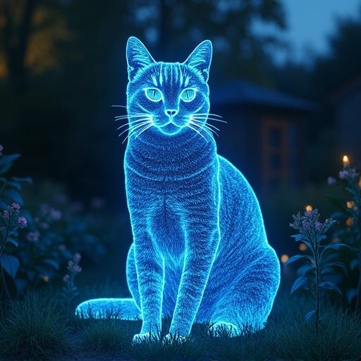 A wire frame depiction of a cat sitting in a garden. The cat is glowing in neon blue color. The surroundings have a soft garden atmosphere.