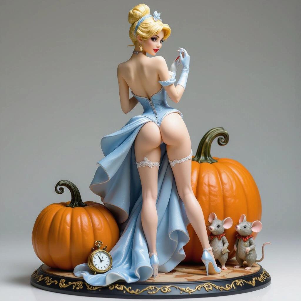A hypersexualized, stylized resin figure inspired by Cinderella. She has long blonde hair and a slender figure. She poses suggestively while adjusting her garter. Her back arches and her confidence shines through. Nearby are pumpkins, a pocket watch, and two mice in costumes. The figure is vibrant and detailed from every angle.