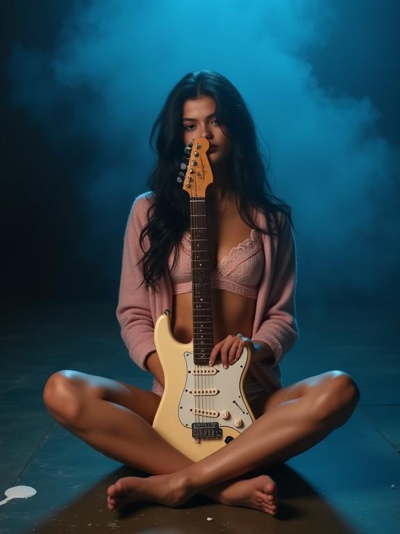 Young woman seated on floor in smoky studio. Dim blue background. Relaxed 'V' shape pose with legs bent. Holding electric guitar in front. Playful expression. Long wavy black hair. Soft pink cardigan over lace lingerie. Barefoot. Cream-colored guitar with white liquid dripping from it.