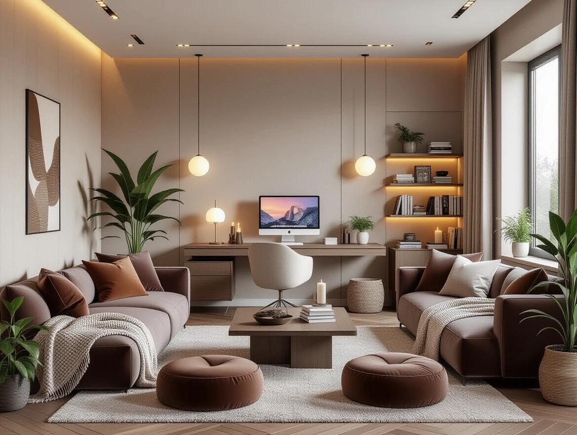 Cozy luxury interior designed as a personal creative retreat. Spacious rectangular room with softly textured walls. Elegant PC setup on wooden desk with ergonomic chair. Surrounding plush designer lounge elements like deep velvet sofa and soft fabric bean bags. Knitted blankets draped casually. Layered rugs on hardwood flooring. Low coffee table with candles and books. Ambient warm lighting from wall sconces and pendant lights. Indoor potted plants and shelves with cozy decor. Warm neutral palette and tactile materials. Curated cozy atmosphere with photorealistic textures.