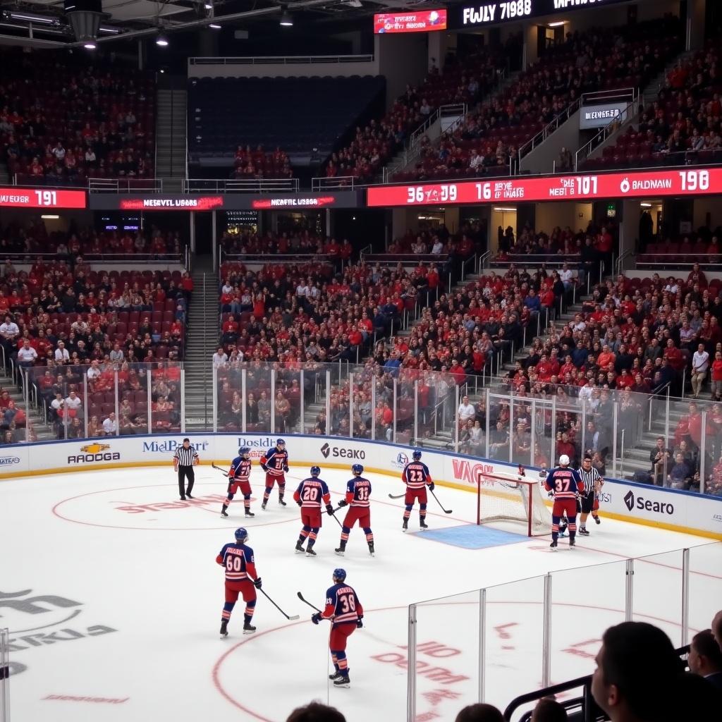 A hockey arena filled with enthusiastic fans celebrating a team goal. Red items dominate the crowd's clothing. Excitement in the atmosphere with players on the ice.