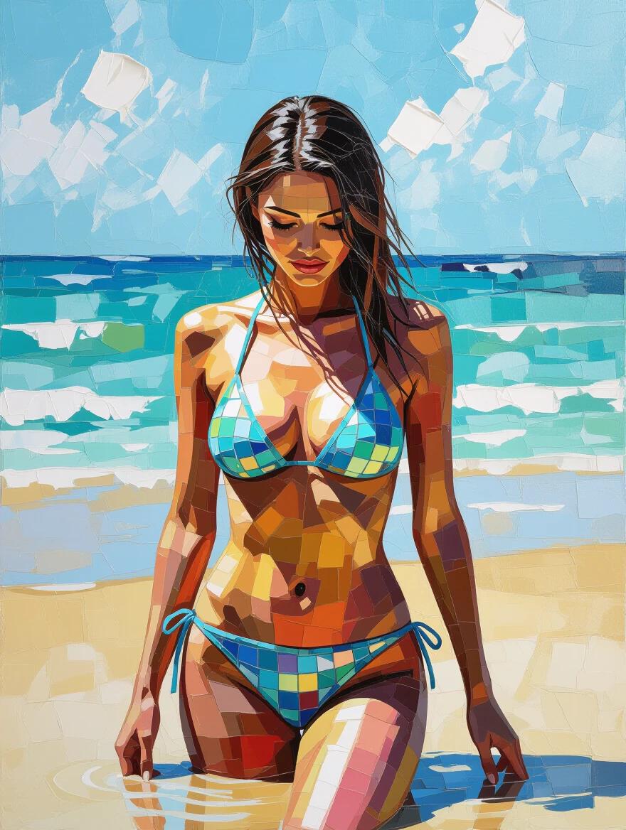 3d highly textured encaustic impasto painting of a model at the beach. Wet appearance. Brushed details with iridescent tiles and glass. Abstract style using mixed media.