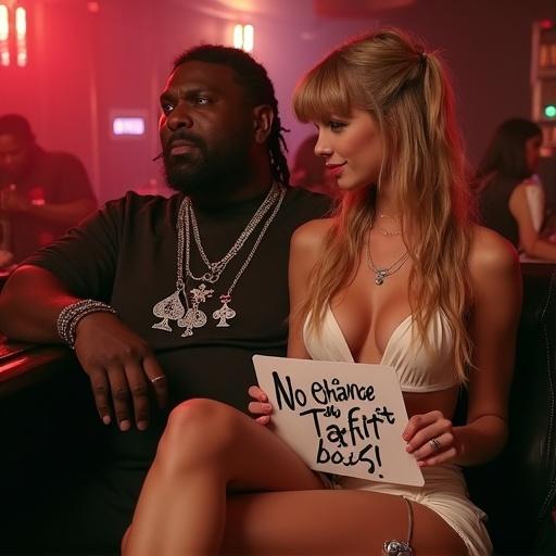 Taylor Swift in a nightclub wearing a short white club dress and black pendant. She has long blonde twintails and is smirking while holding a sign. A large man sits beside her. Nightclub atmosphere. Low lighting.
