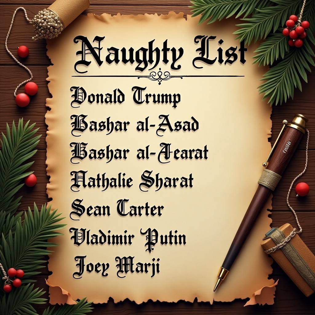 A festive Naughty list displayed on parchment. The list includes individuals known for controversy. The scroll features decorative pine leaves and red berries. A vintage pen lies beside the scroll.