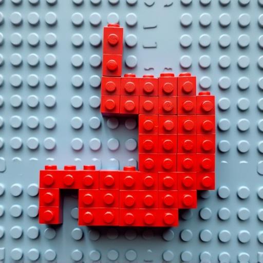 A stomach shape constructed with red LEGO bricks on a gray flat brick board. The bricks are arranged in a solid configuration resembling a human stomach. The background is uniform gray providing contrast to the vibrant red. The design is simplistic yet effective for educational purposes.