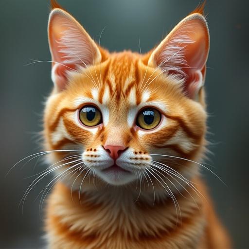 A close-up of a cute orange cat with large eyes and intricate fur details.