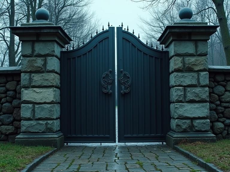 Cinematic shot of an open black gate framed by stone pillars covered in frost. No intercom no sign. Just a symbol engraved in metal: a circle crossed by a vertical line. Heart races.