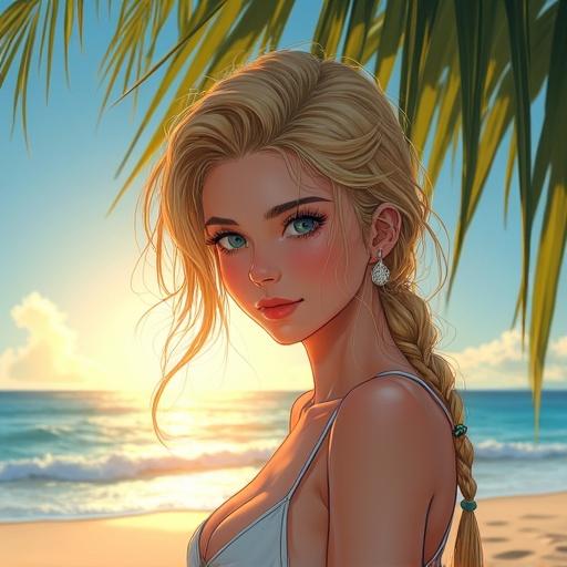 Young woman standing at a beach surrounded by palm trees and sunlight. Hair is long and blonde. Wearing a light top, looking serene and beautiful.