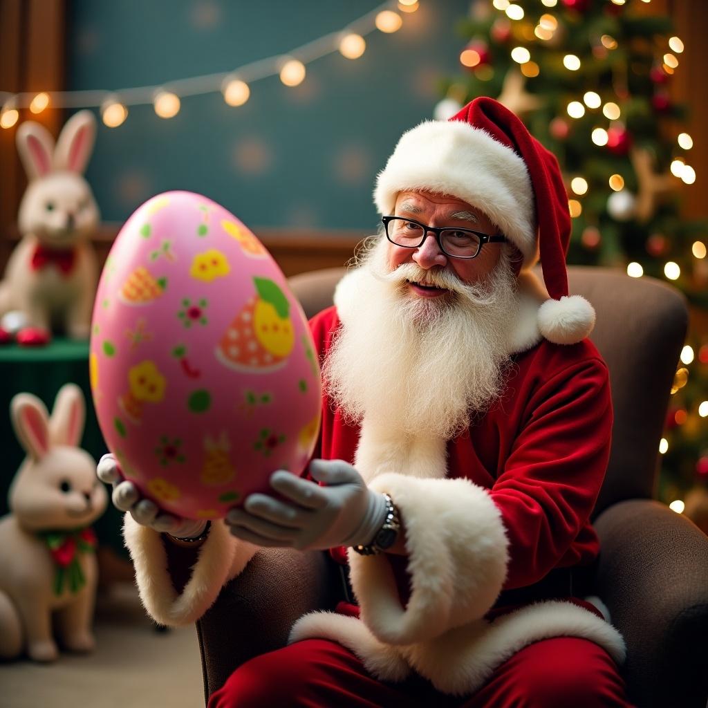 Santa Claus holding a decorated Easter egg. The background includes festive elements. A warm atmosphere is present, emphasizing holiday cheer.