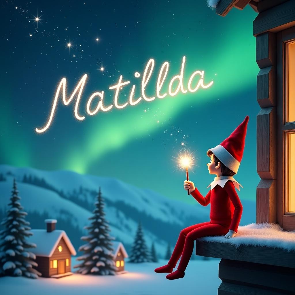 Elf sits on a wooden ledge gazing up at sky filled with stars and Northern Lights. Dressed in a red outfit with pointed hat, elf holds a sparkling wand. Elf writes 'Matilda' in the starry sky. Charming houses and evergreen trees in background. Evokes joy and wonder for Christmas themes.