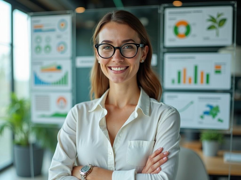 The image features a professional woman standing confidently in an office environment. She has long hair and wears glasses, dressed in a crisp white shirt. Behind her are multiple boards displaying charts and graphs, indicating a focus on business analytics. The setting is illuminated by natural light from large windows, creating a warm and inviting atmosphere. The overall impression is one of professionalism and positivity, suggesting that she is ready to discuss or present important information.