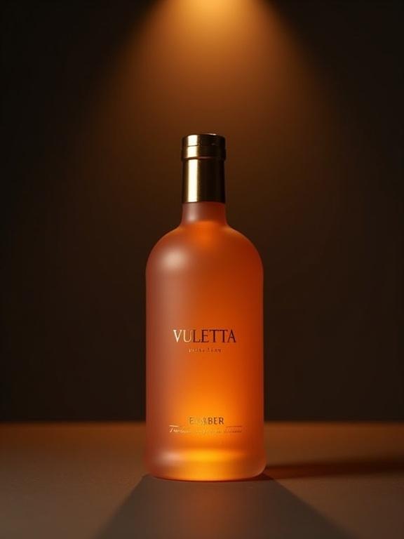 Warm frosted amber glass bottle with VULETTA in modern minimalist font at top in brushed gold. Beneath, EMBER in clean modern font, O’Háodha Collection by Aaron Terence Hughes printed below in soft copper. Brushed gold cap completes bottle. Studio background with gradient of rich amber into dark charcoal and soft spotlight glow evoking warm embers. Minimalist, intimate, refined.
