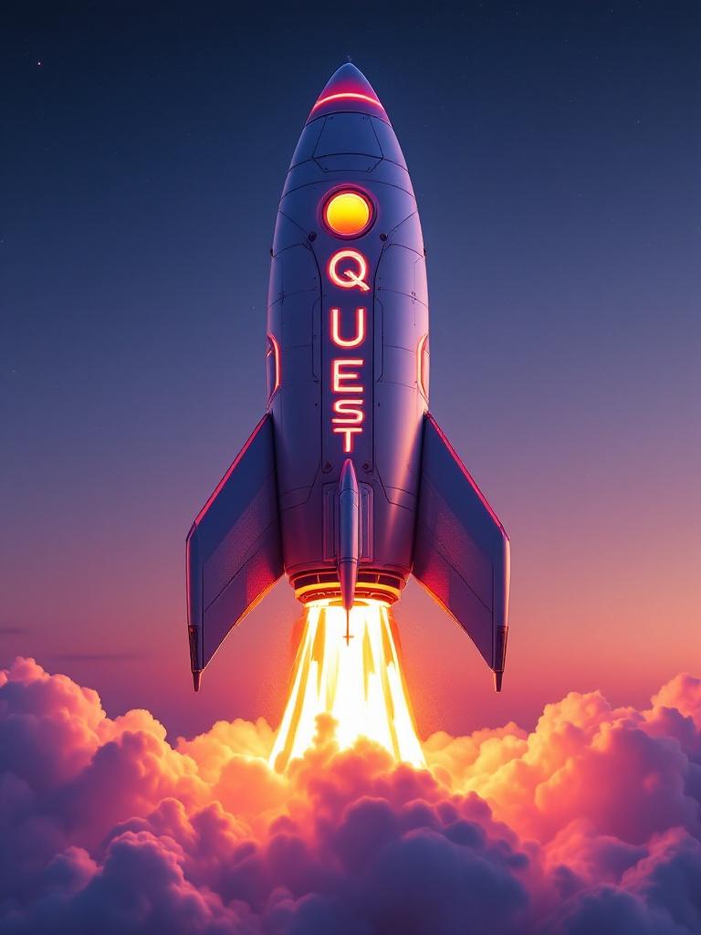 A retro-futuristic rocket lifts off against a twilight sky. The metallic surface gleams with bright neon accents. The rocket features aerodynamic fins and rounded edges with classic sci-fi aesthetics. Flames and smoke erupt from below. The word 'Quest' is boldly displayed on the fuselage. The image symbolizes a journey into the unknown and captures the essence of adventure and innovation.