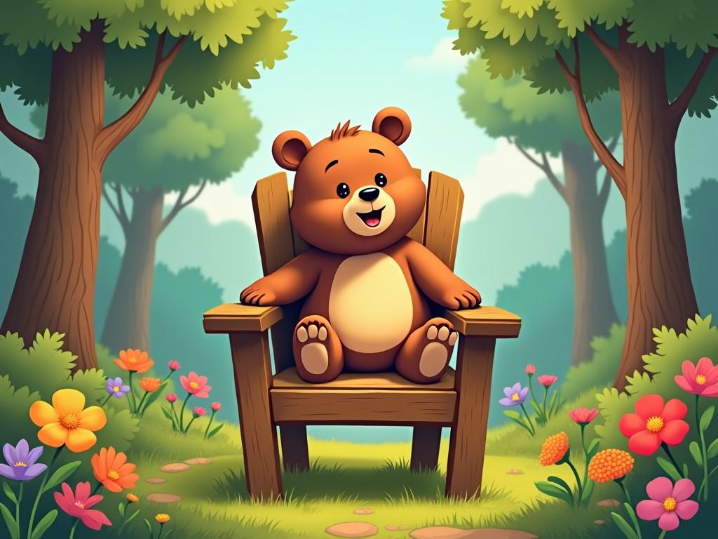 This image features a charming cartoon bear with a friendly, boyish face, happily sitting on a wooden chair in a vibrant forest. The bear has a light brown body and a slightly darker brown face, with expressive eyes and a joyful smile. Around the bear are colorful flowers, adding a cheerful touch to the scene. The background consists of lush green trees and a clear blue sky, enhancing the overall warmth of the image. This inviting setting suggests a playful, whimsical atmosphere suitable for children.