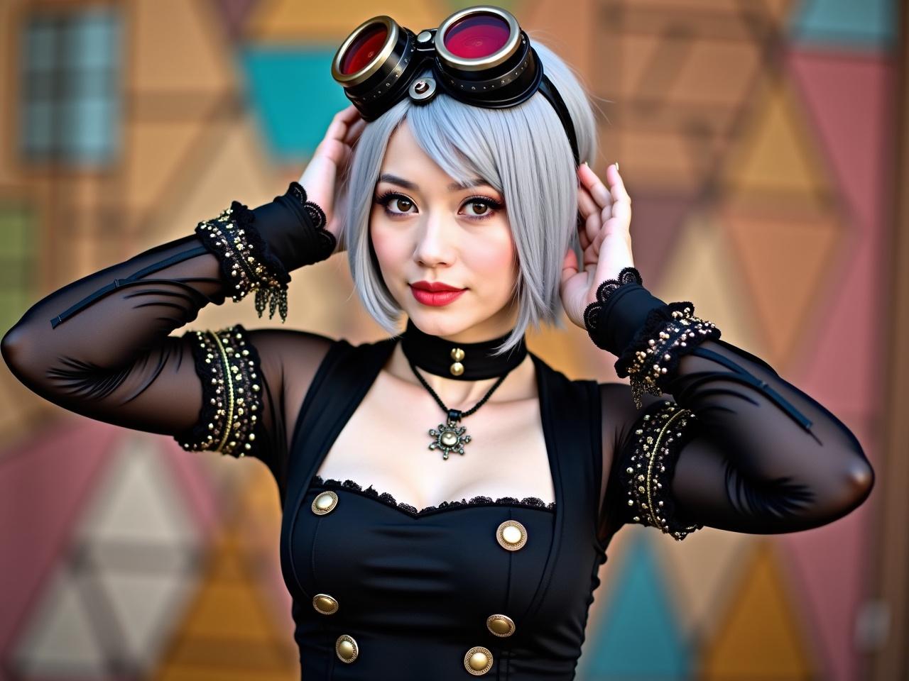 The image shows a person with short silver hair wearing a steampunk-inspired outfit. They are adorned with a unique black headpiece featuring large, red-tinted goggles. Their outfit has a fitted black bodice with gold buttons and elegant lace accents on the sleeves. The person is holding their head with both hands, as if adjusting their headpiece. Around their neck, they are wearing a choker and a necklace with a decorative pendant. The background appears to be colorful, enhancing the whimsical feel of the attire.